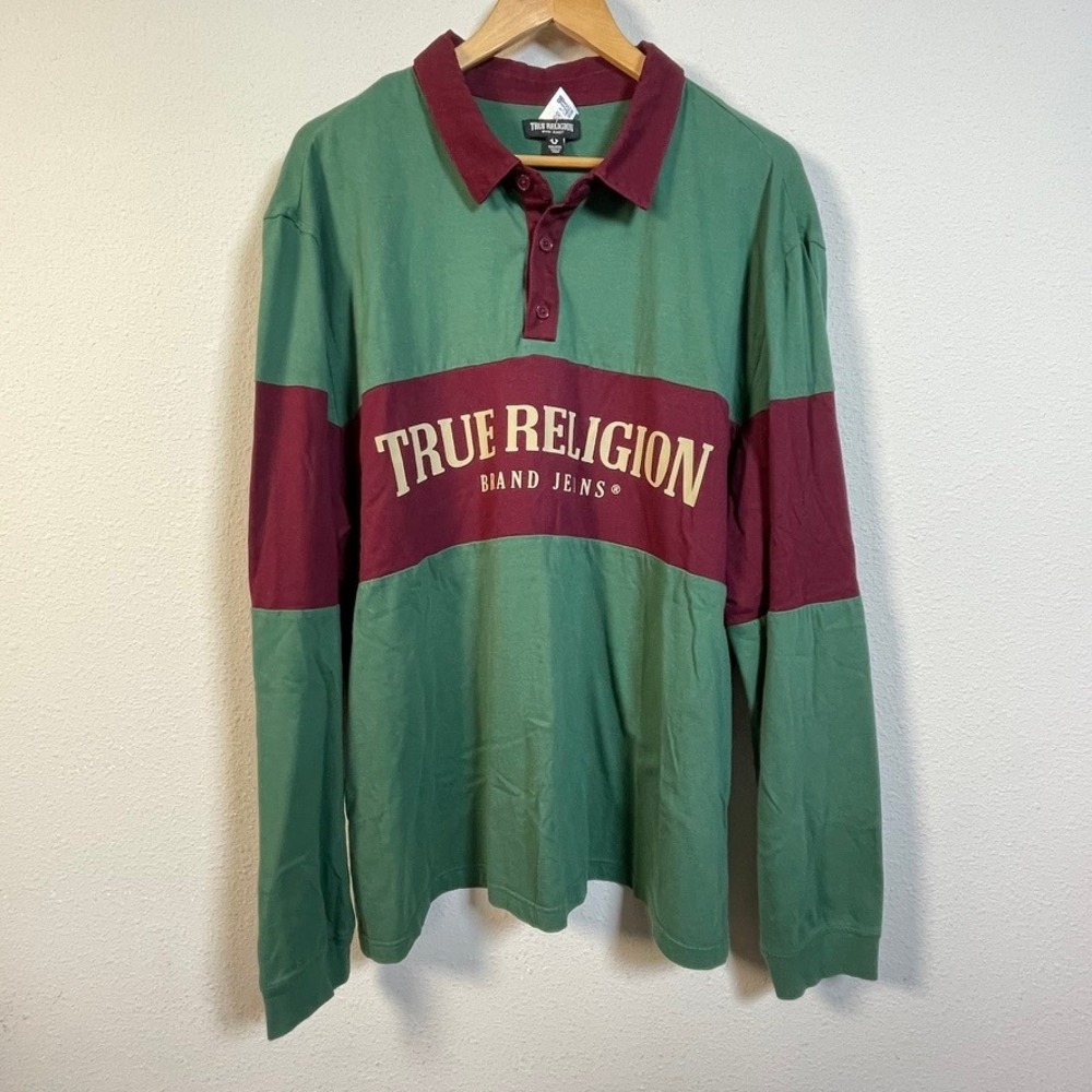True Religion Paneled Rugby Polo Mens XXXL Green Maroon Long Sleeve Cotton